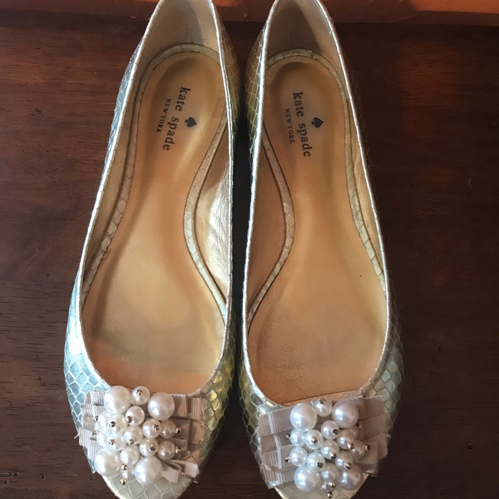 Kate Spade Gold leather peeptoe flats pearls